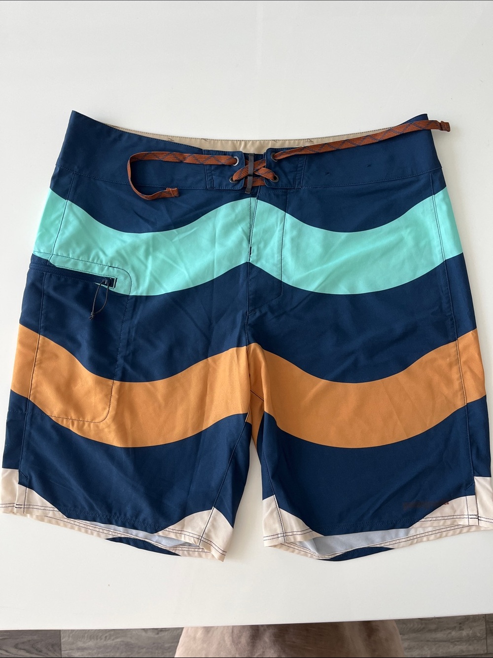Patagonia Navy, Aqua & Tan Wave Stripe Board Shorts